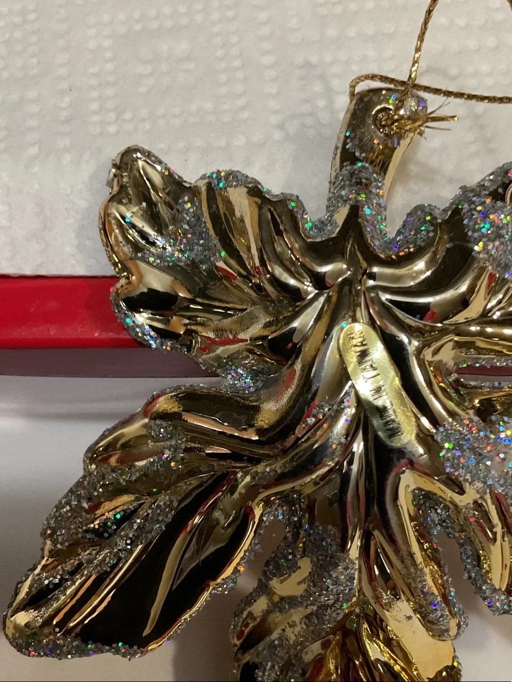Gold Glitter Leaf Holiday Ornament - Decorative Hanging Accent